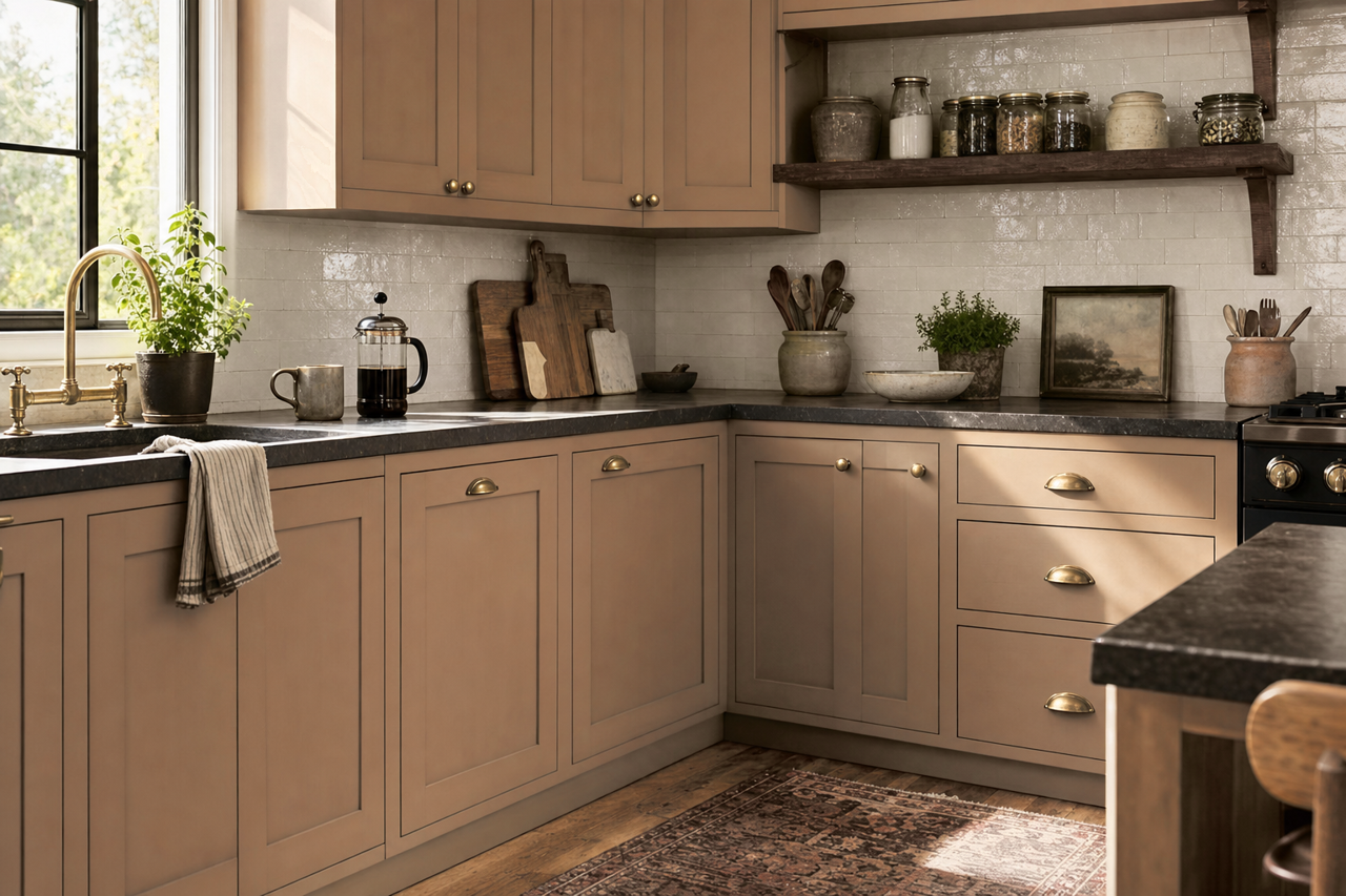 Caramelized Onion by Valspar on cabinets