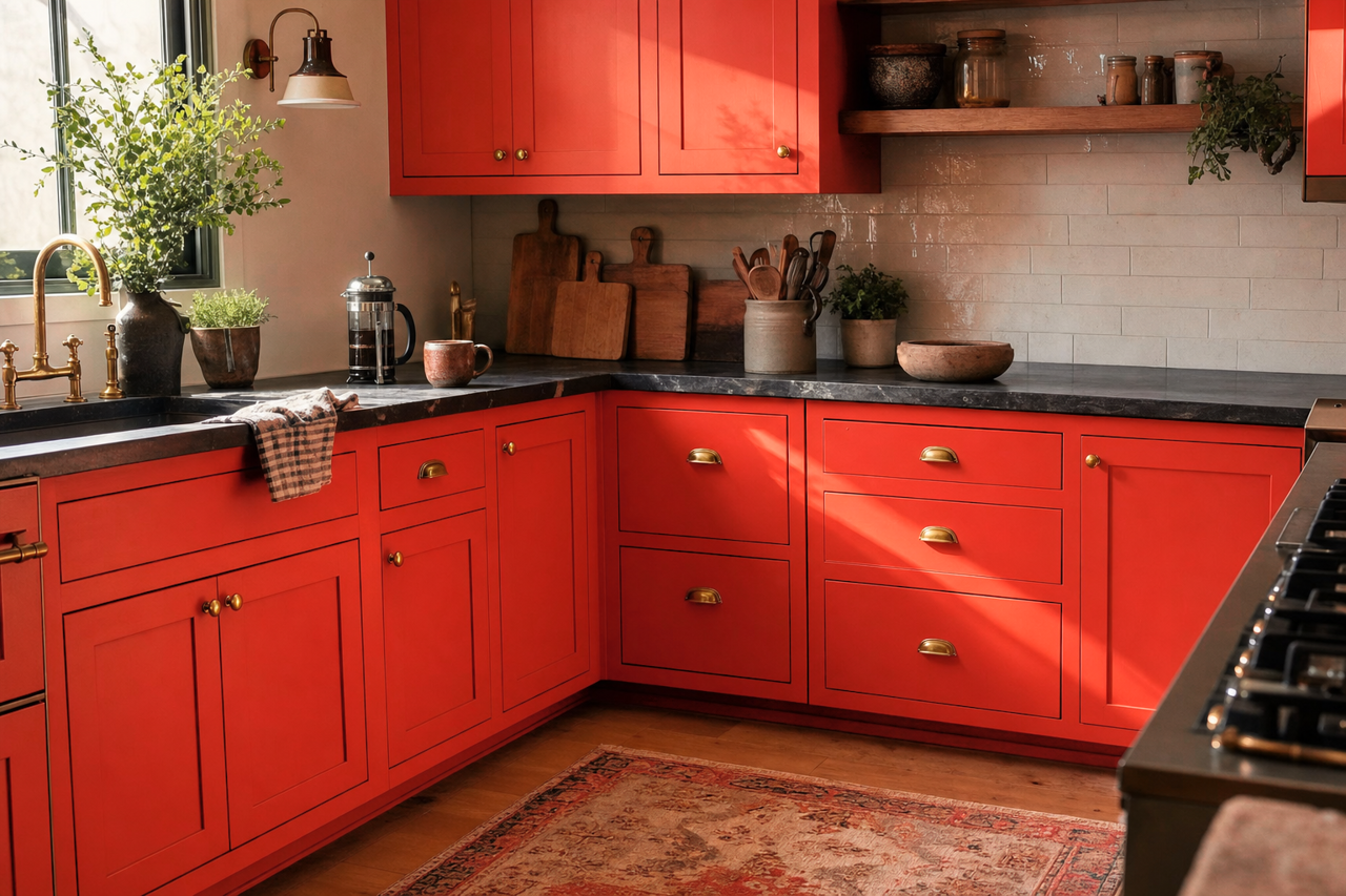 Redstone by Benjamin Moore on cabinets