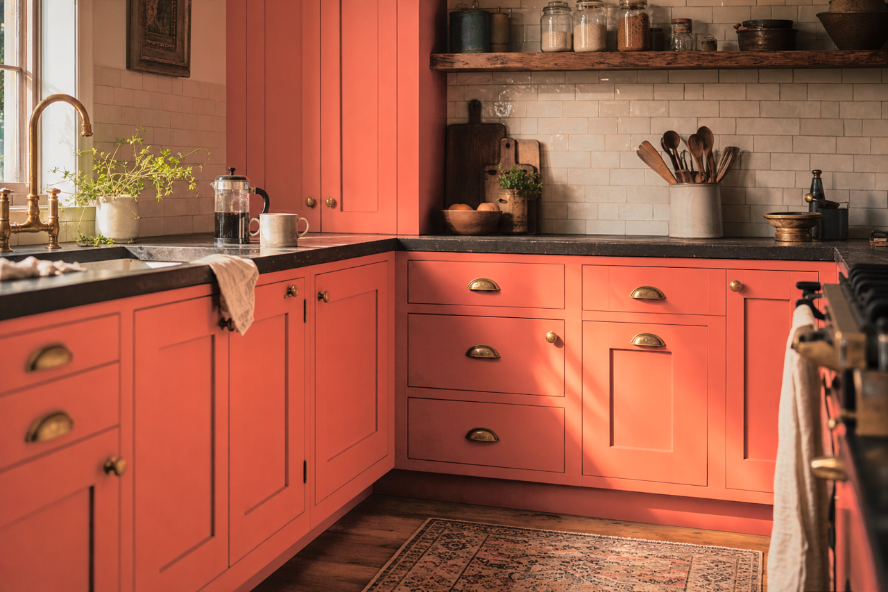 Ripe Pomegranate by Valspar on cabinets