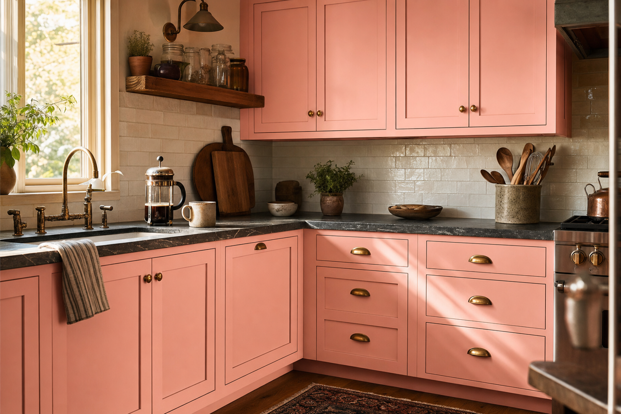 Pink by Benjamin Moore on cabinets