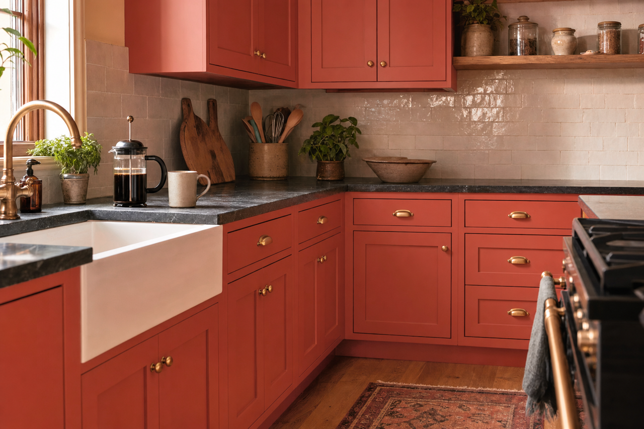 Fire Orange by Valspar on cabinets