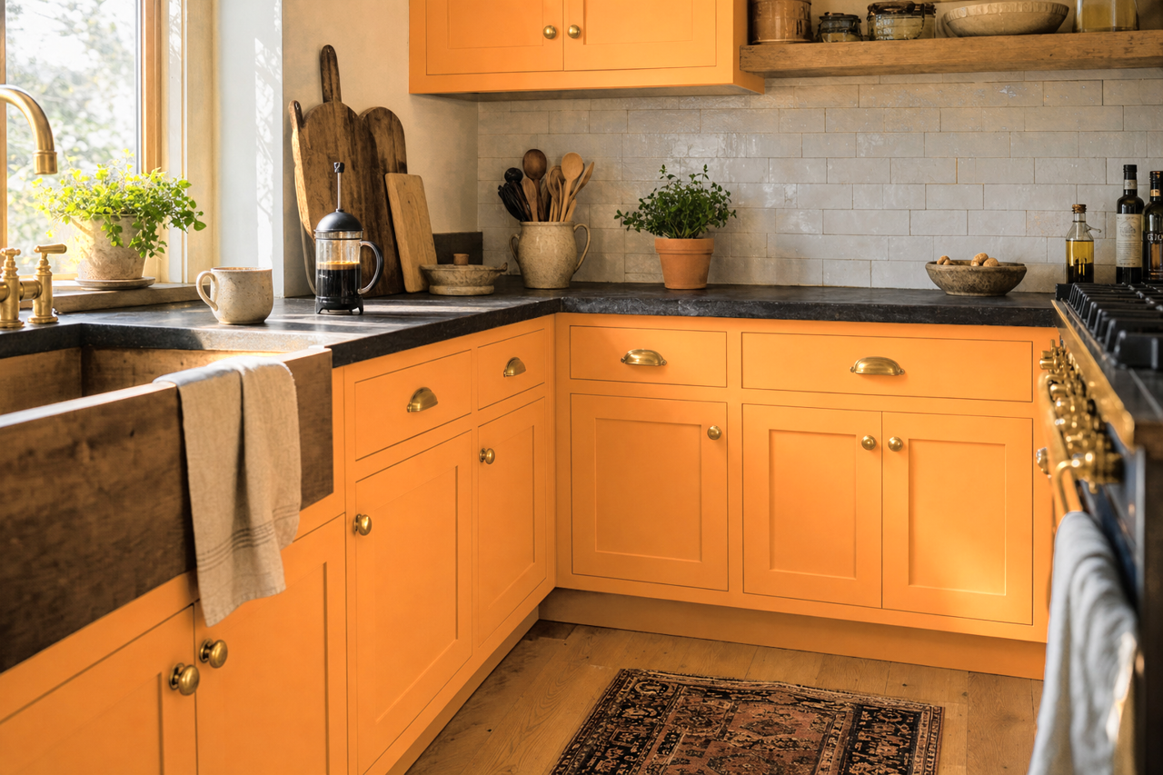 Orange Ochre by Valspar on cabinets