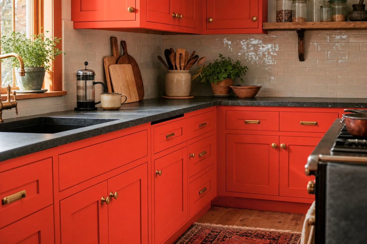 Tomato by Benjamin Moore on cabinets