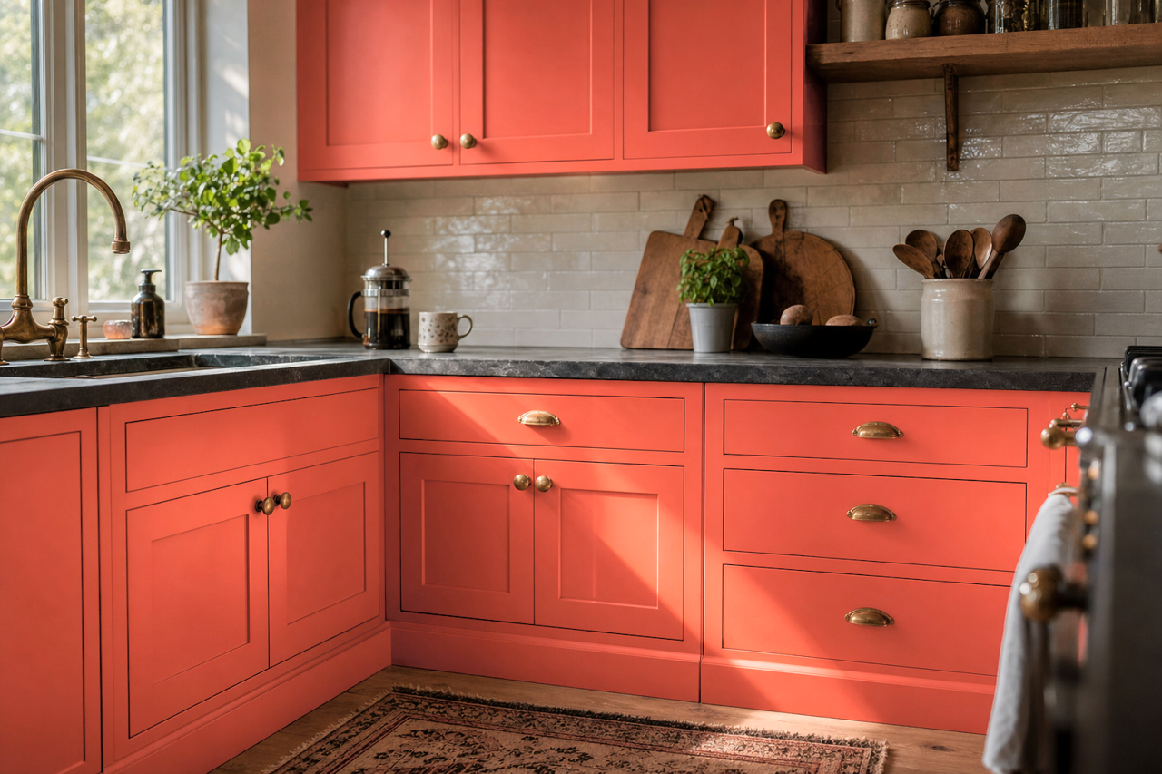 Ultra Orange by Valspar on cabinets