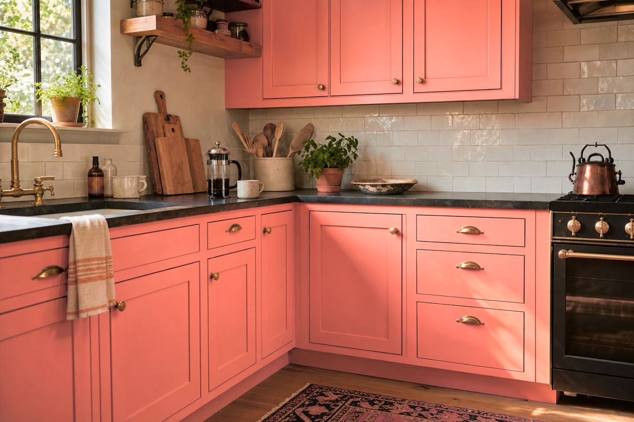 Coral by Benjamin Moore on cabinets
