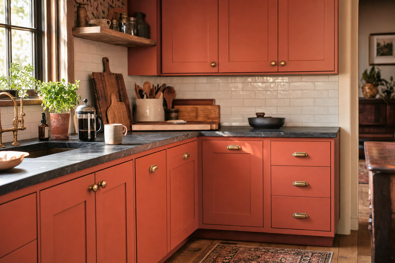 Orange Maple by Valspar on cabinets