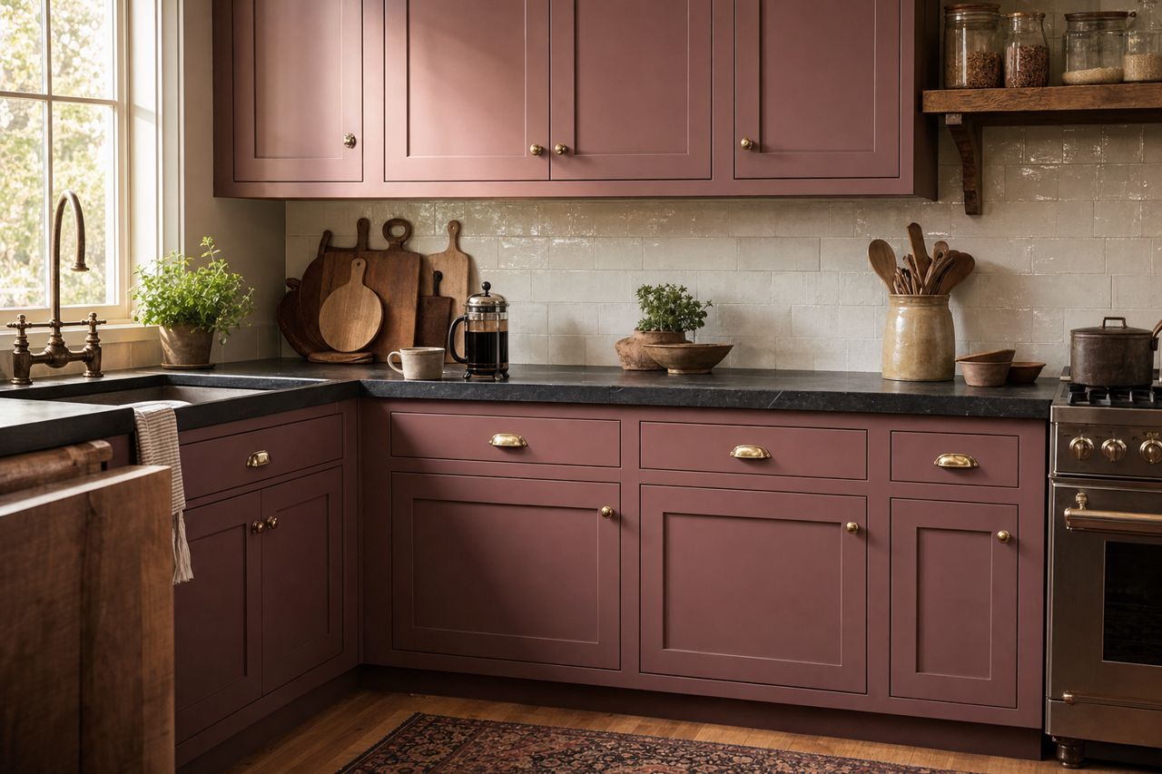 Berry Butter by Valspar on cabinets