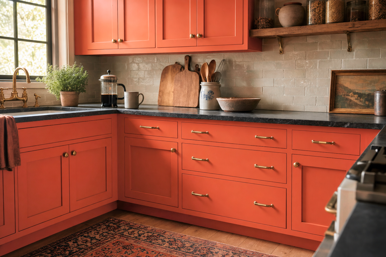 Vivid Orange by Valspar on cabinets