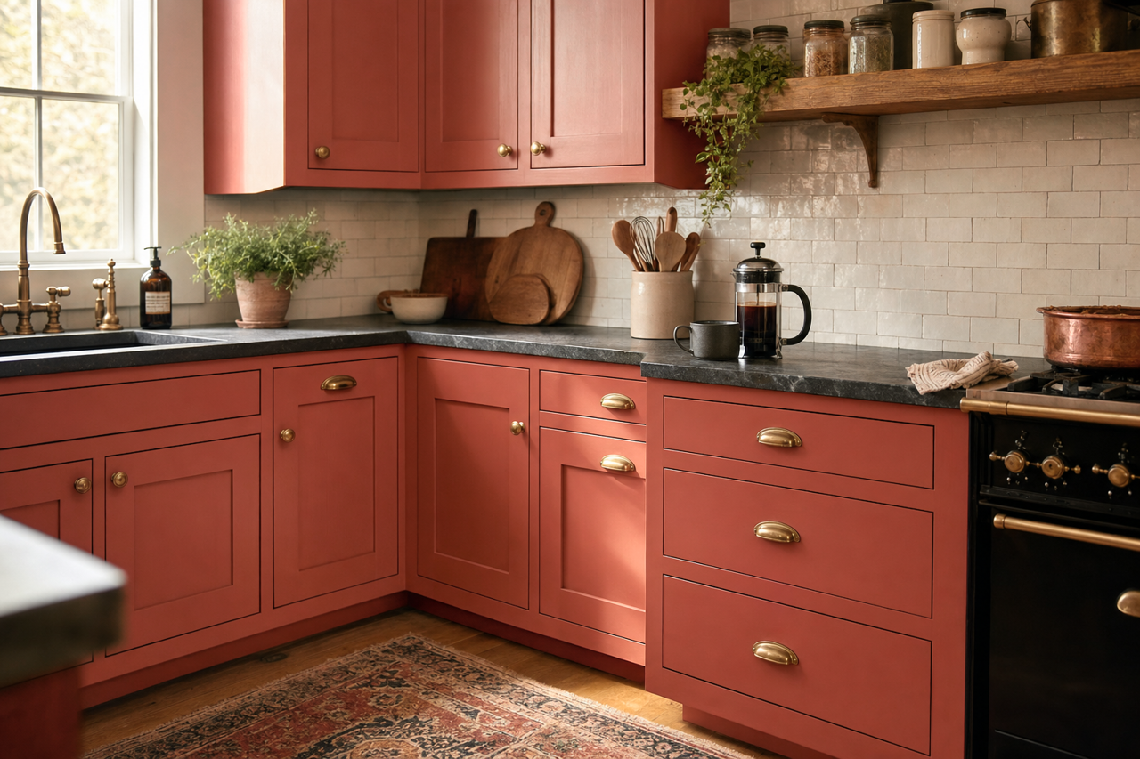 Crimson Glow by Valspar on cabinets