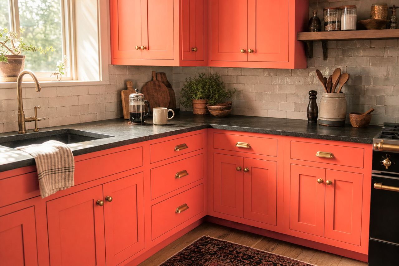 Tangerine by Benjamin Moore on cabinets
