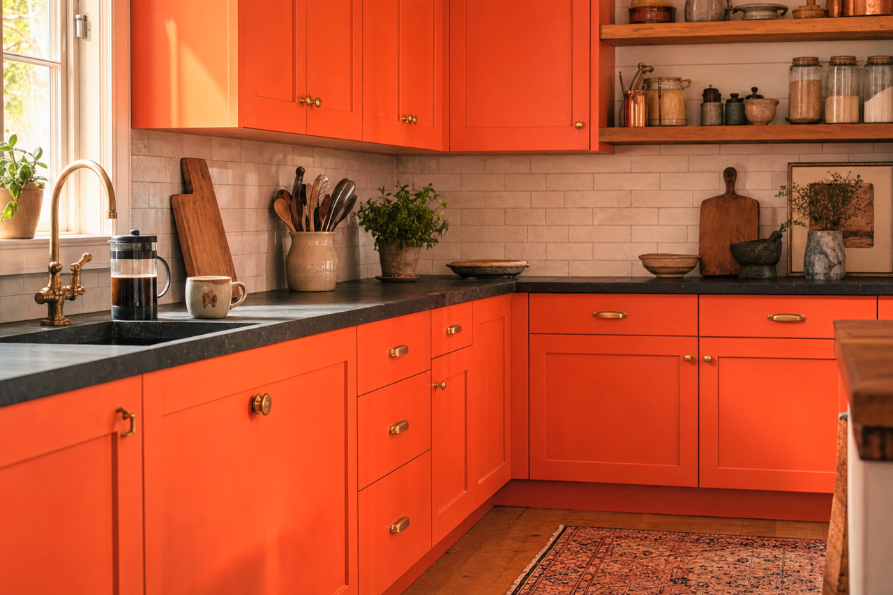 Orange by Benjamin Moore on cabinets