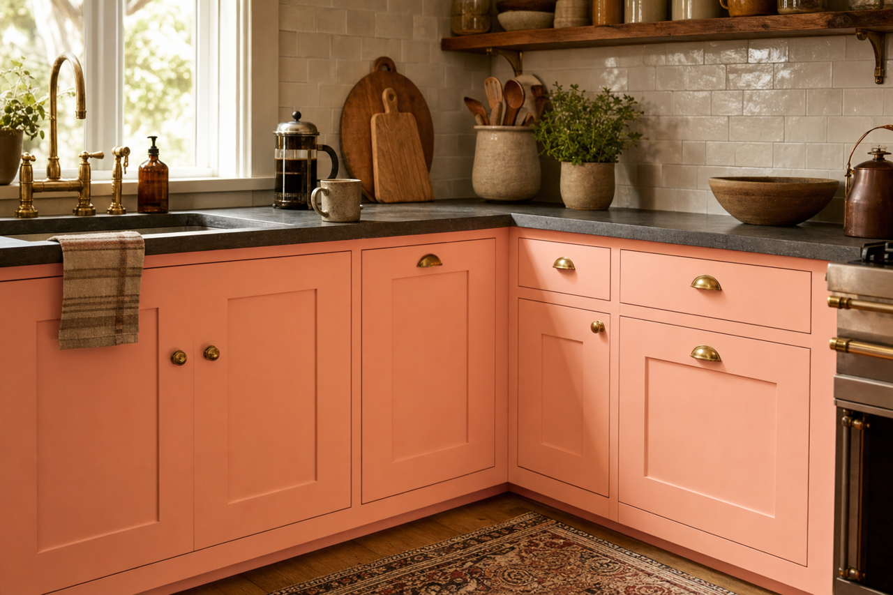 Salmon by Benjamin Moore on cabinets