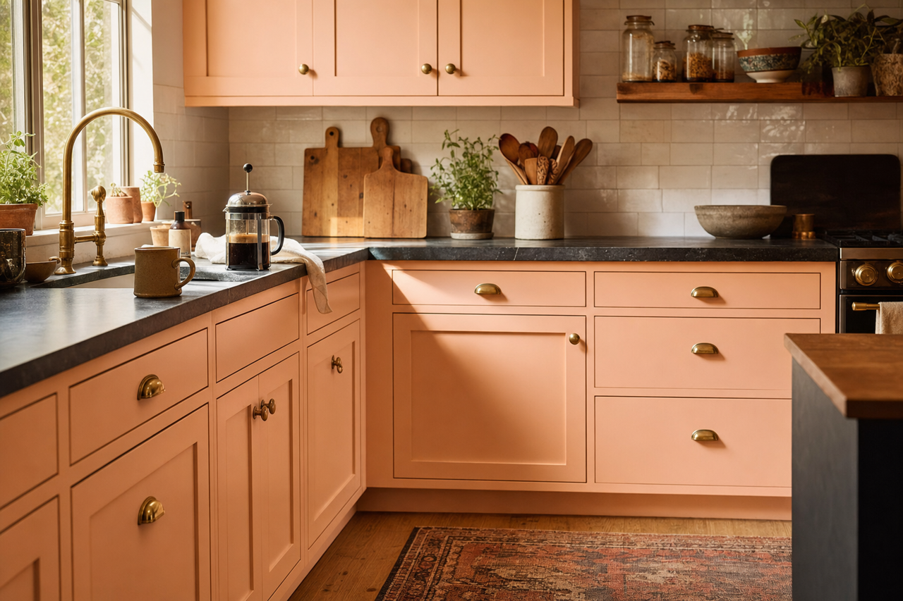 Pink by Benjamin Moore on cabinets