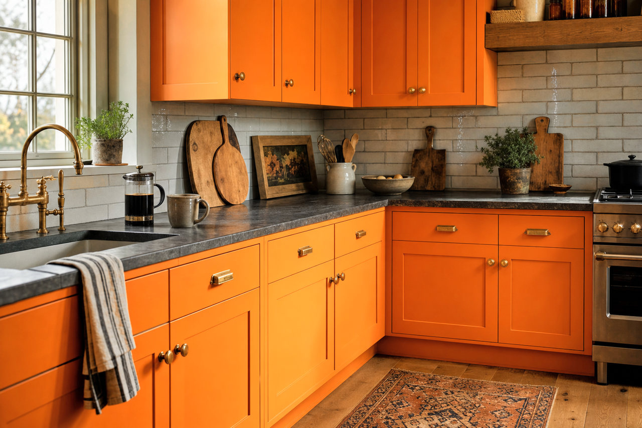 Orange by Benjamin Moore on cabinets