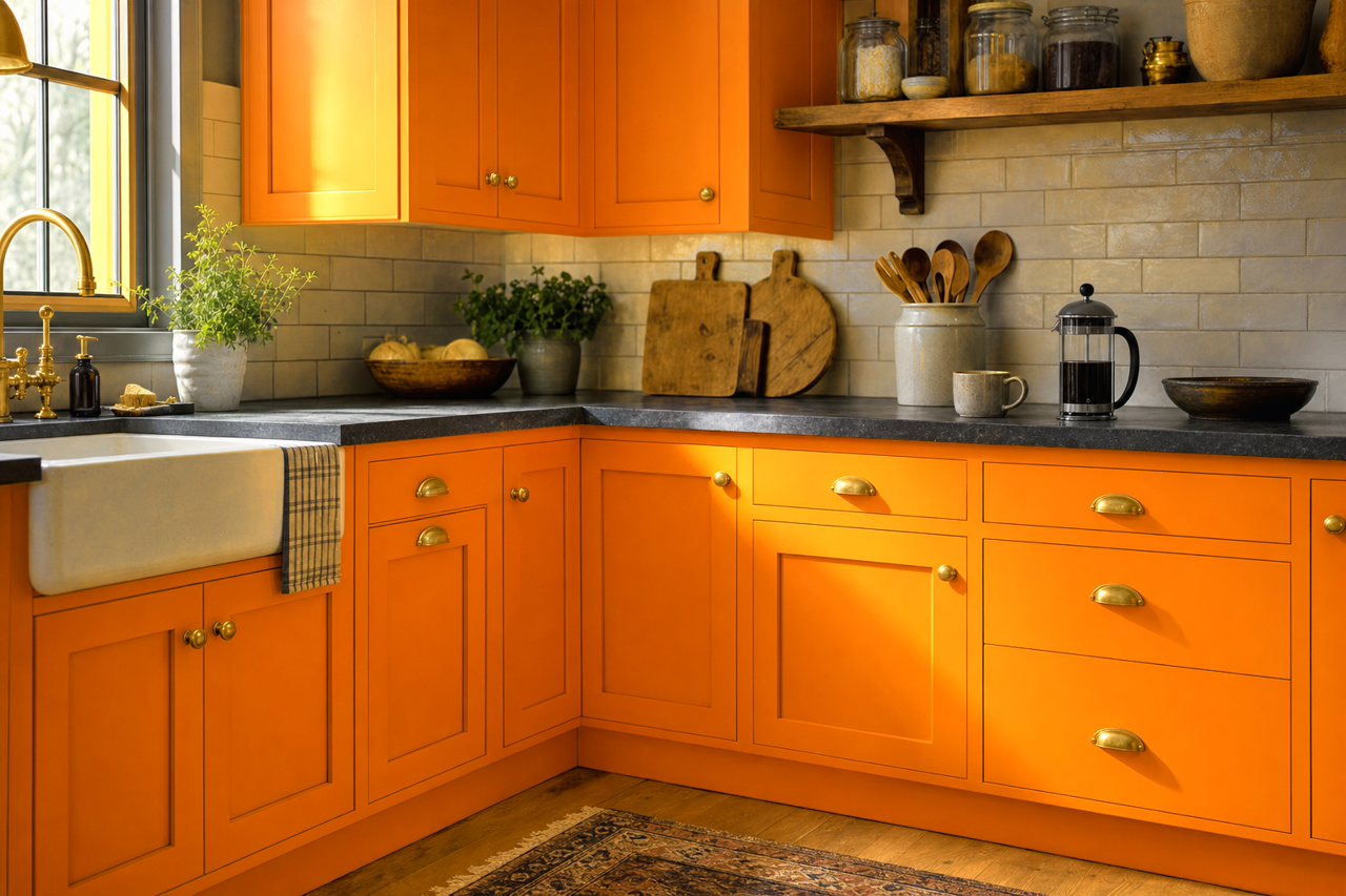 Orange by Benjamin Moore on cabinets