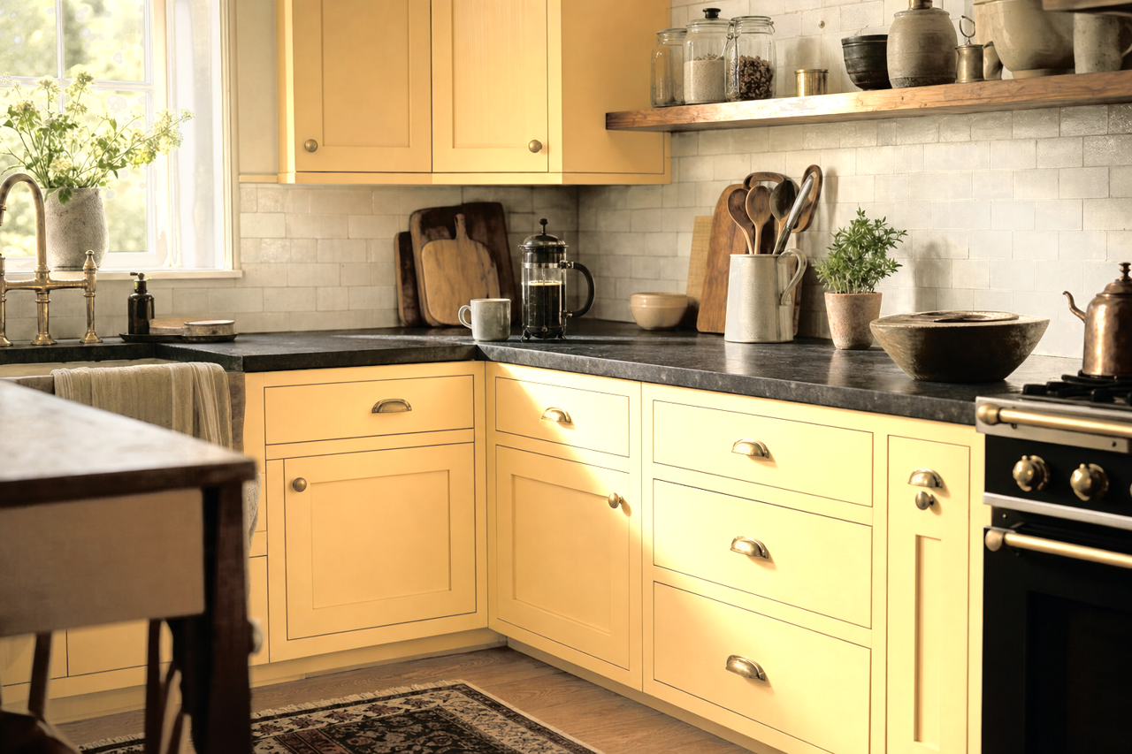 Yellow by Benjamin Moore on cabinets