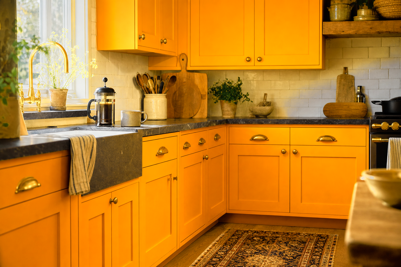 Orange by Benjamin Moore on cabinets