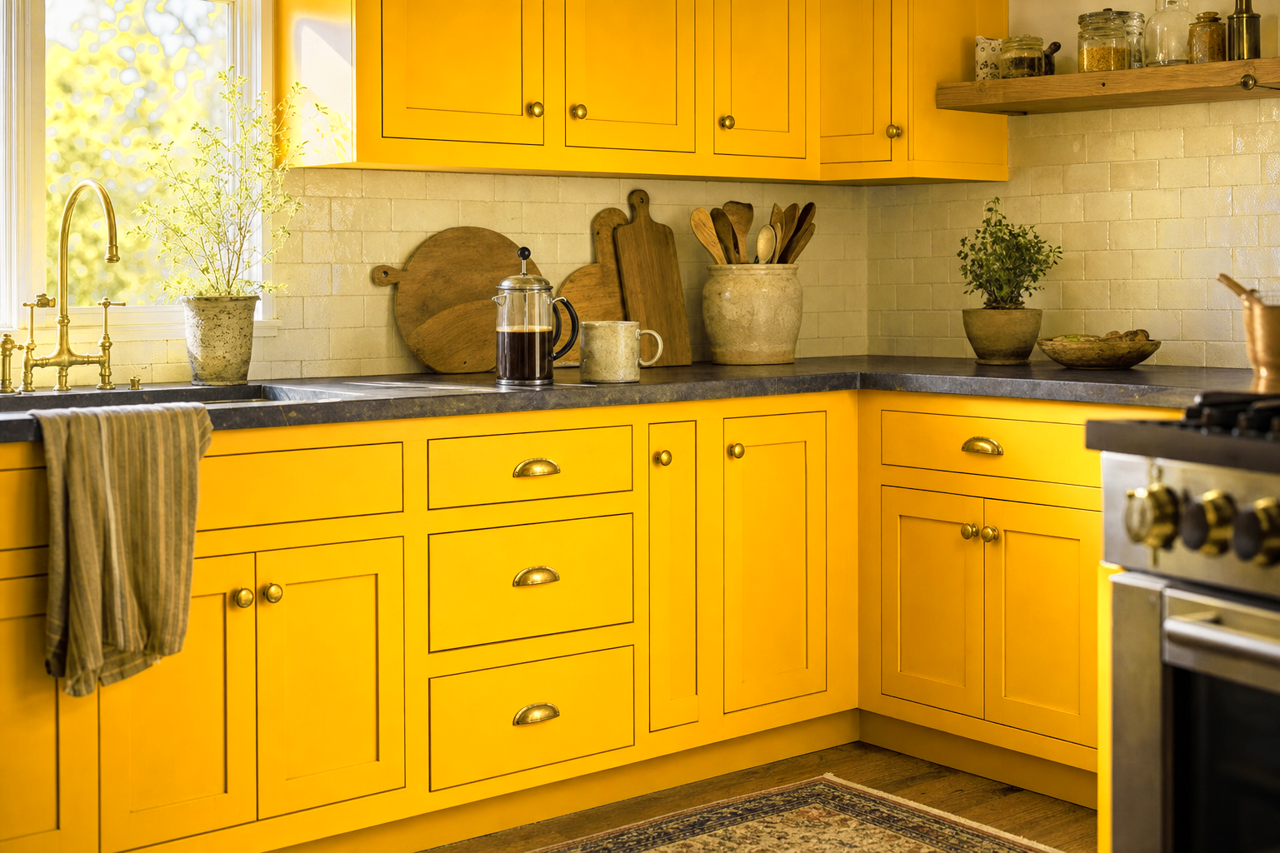 Sunflower by Benjamin Moore on cabinets