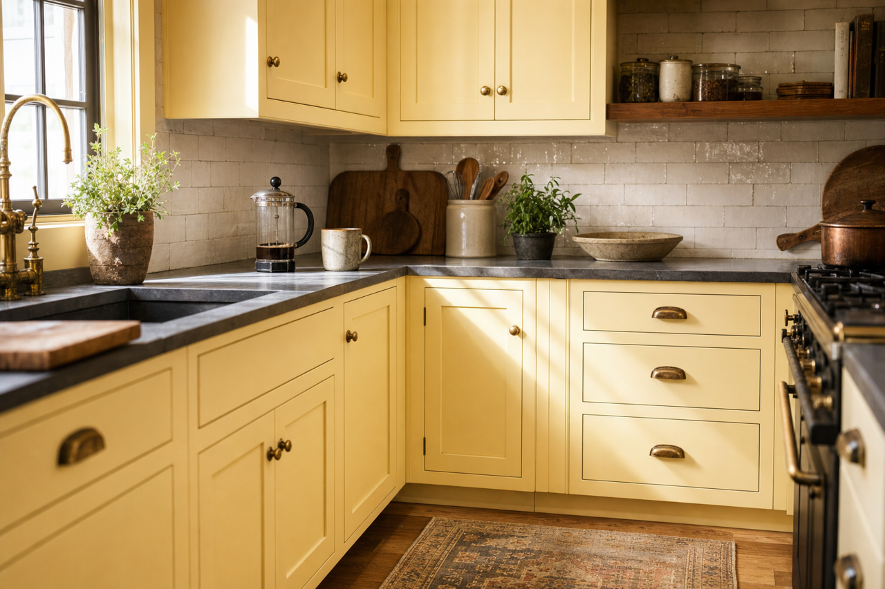 Lemon by Benjamin Moore on cabinets