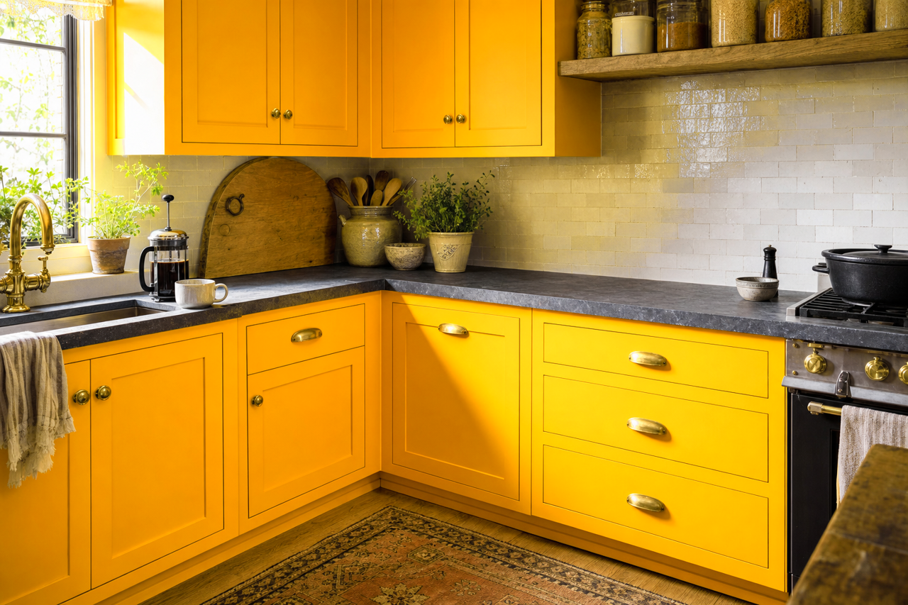 Lemon by Benjamin Moore on cabinets