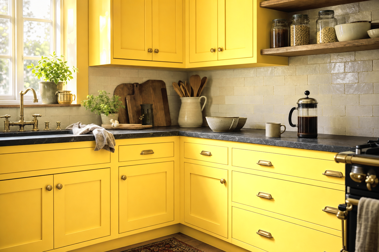 Yellow by Benjamin Moore on cabinets
