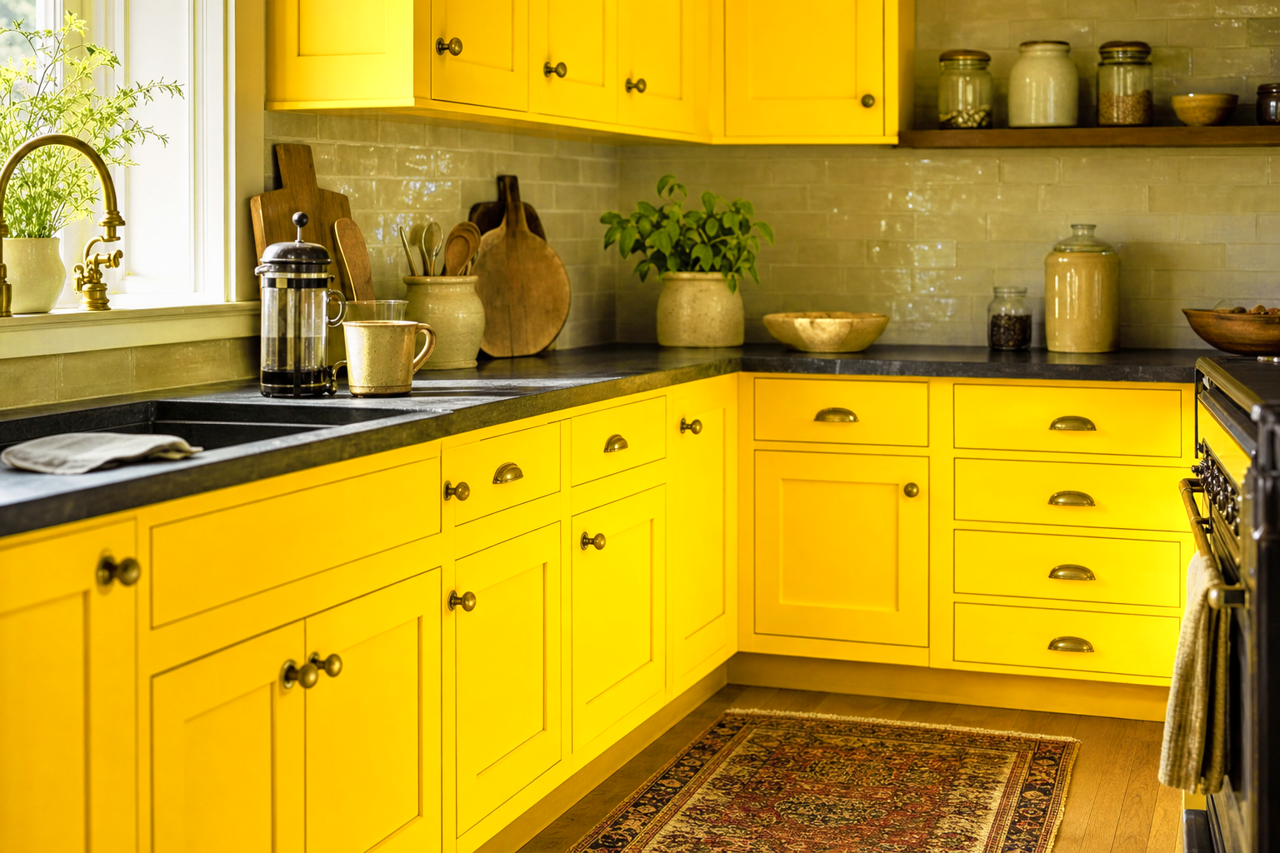 Yellow by Benjamin Moore on cabinets