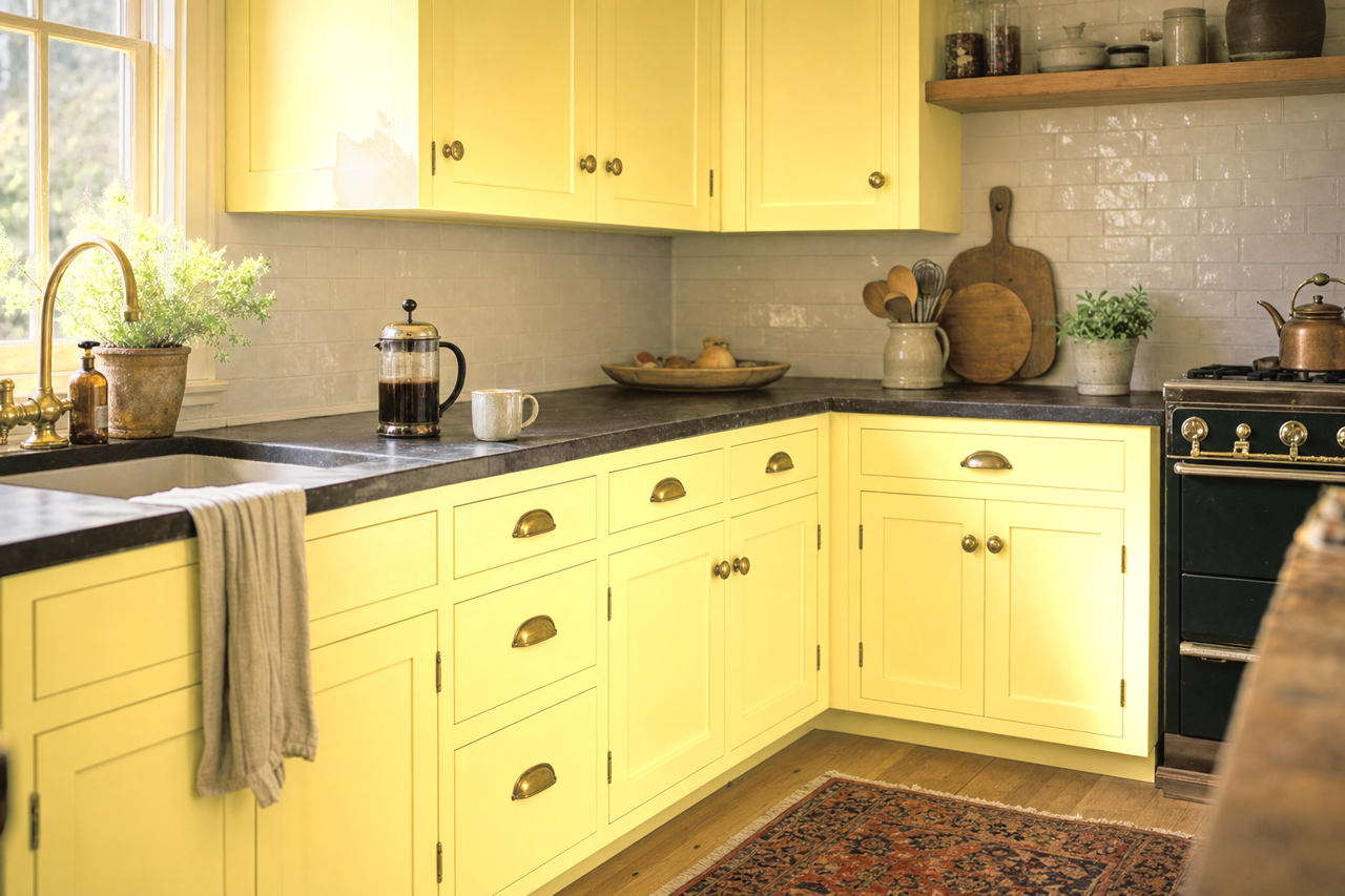 Lemon by Benjamin Moore on cabinets