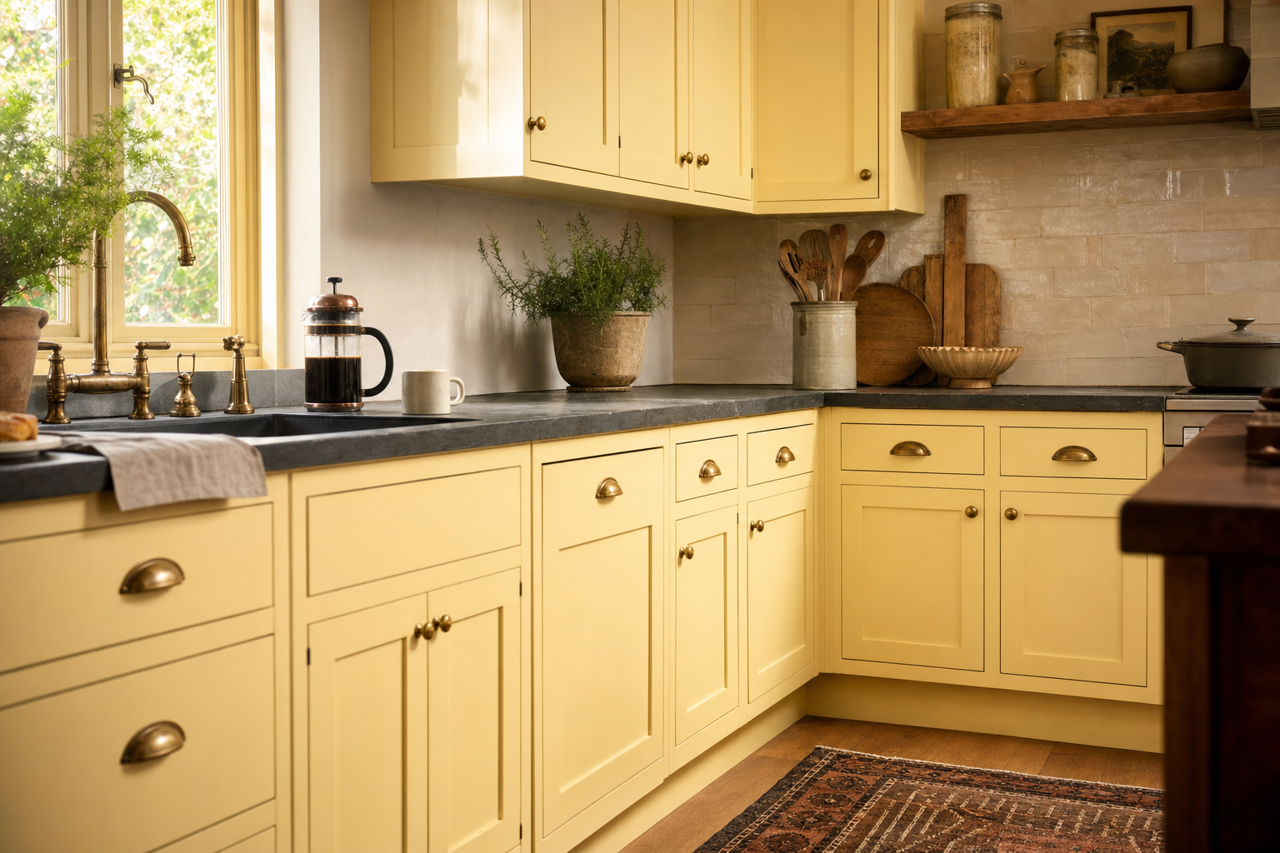 Butter by Benjamin Moore on cabinets