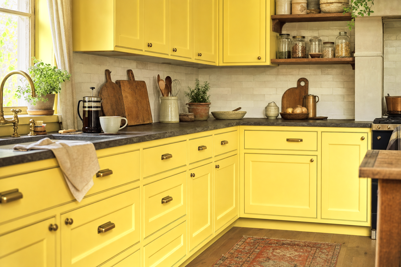 Yellow by Benjamin Moore on cabinets