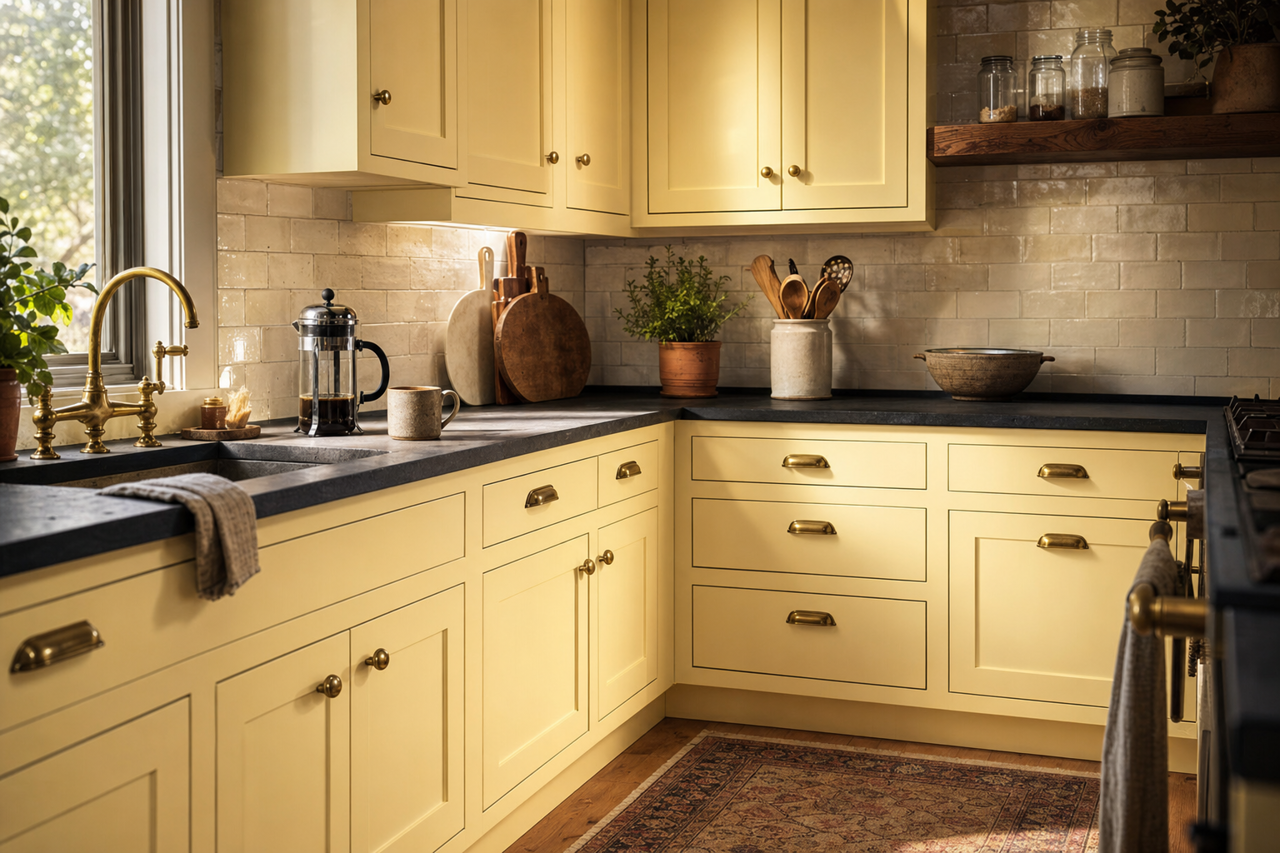 Lemonade by Benjamin Moore on cabinets