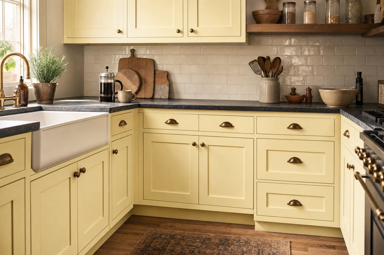 Lemon by Benjamin Moore on cabinets