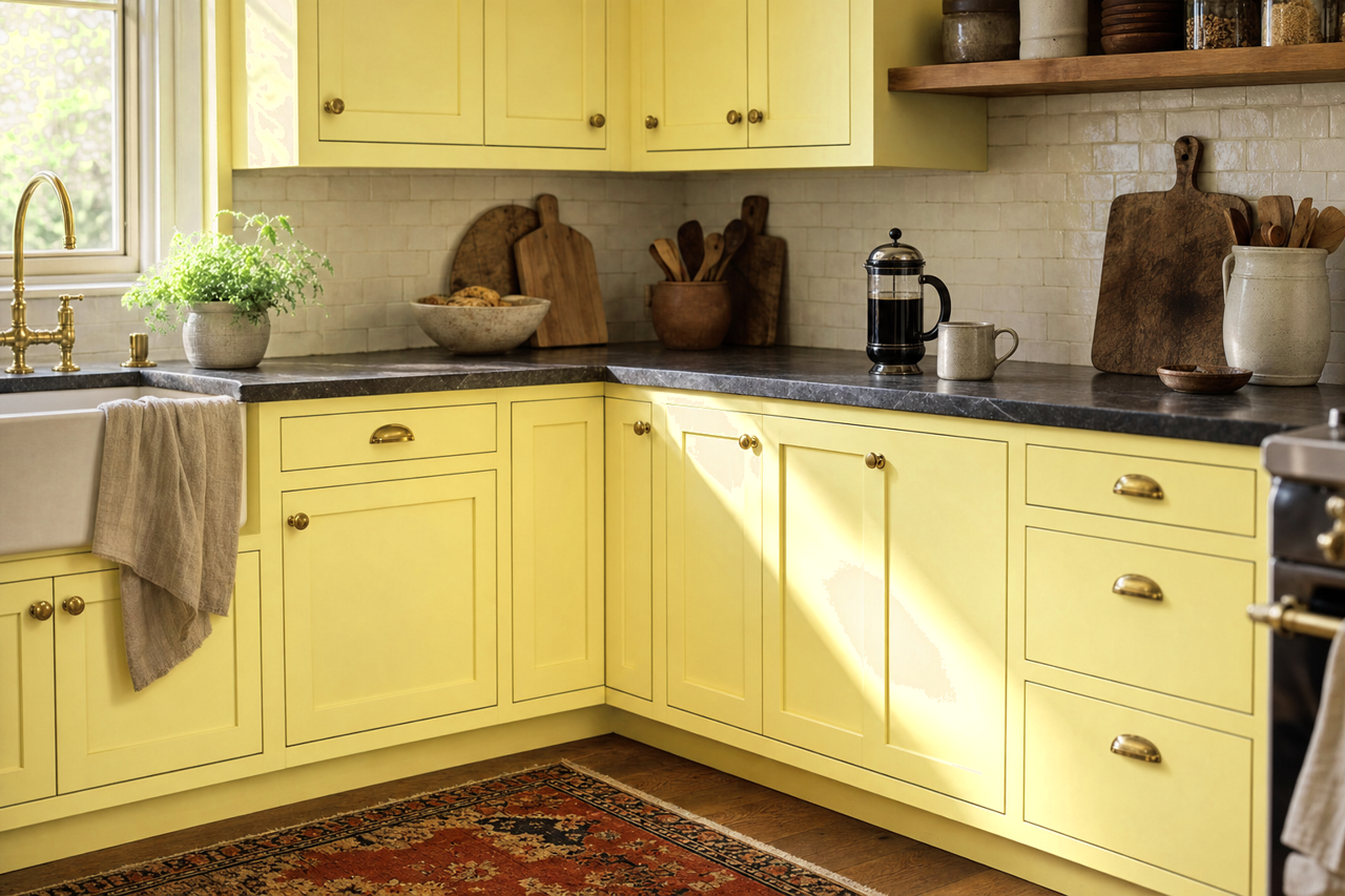Lemon by Benjamin Moore on cabinets