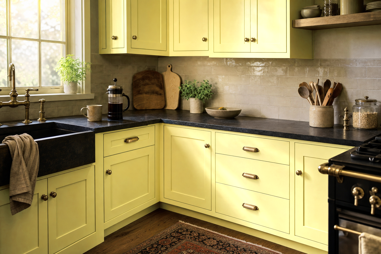 Hibiscus by Benjamin Moore on cabinets