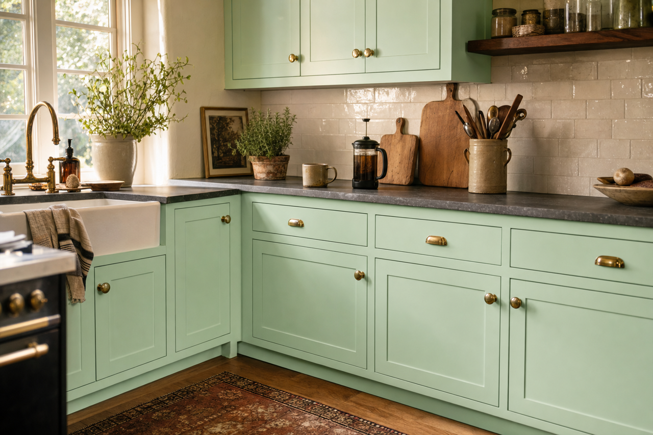 Mantis by Benjamin Moore on cabinets