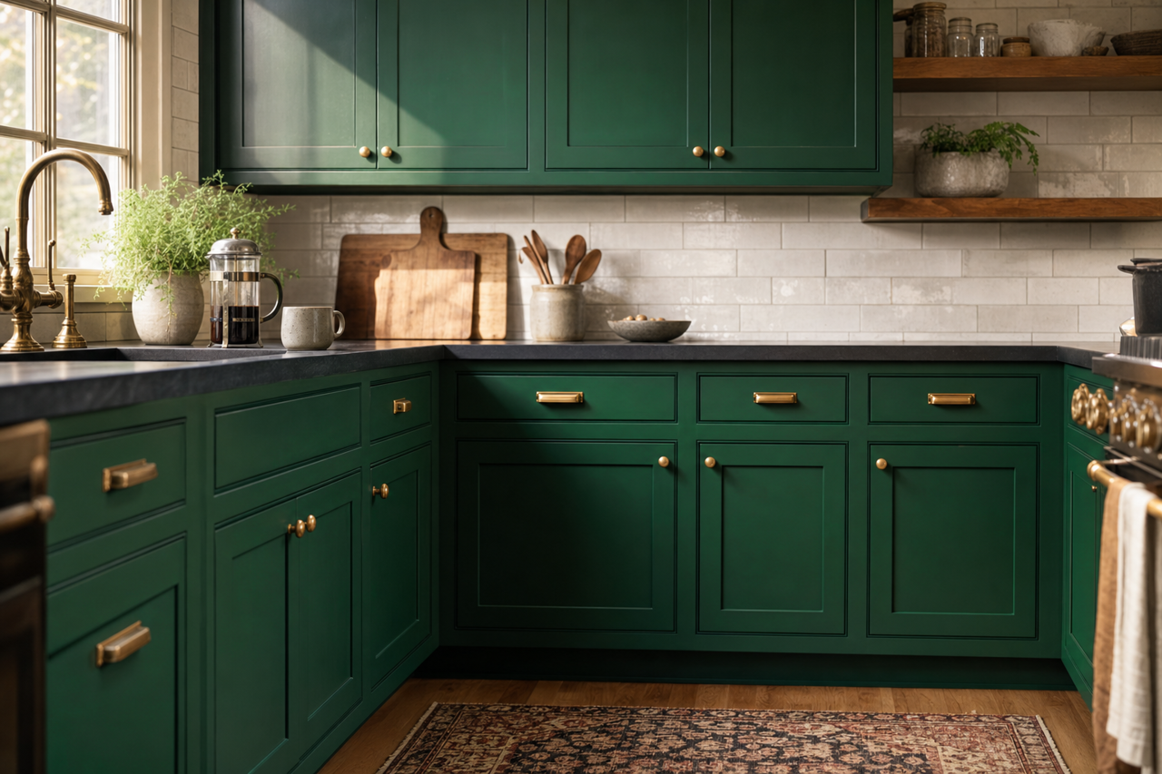 Seaweed by Benjamin Moore on cabinets