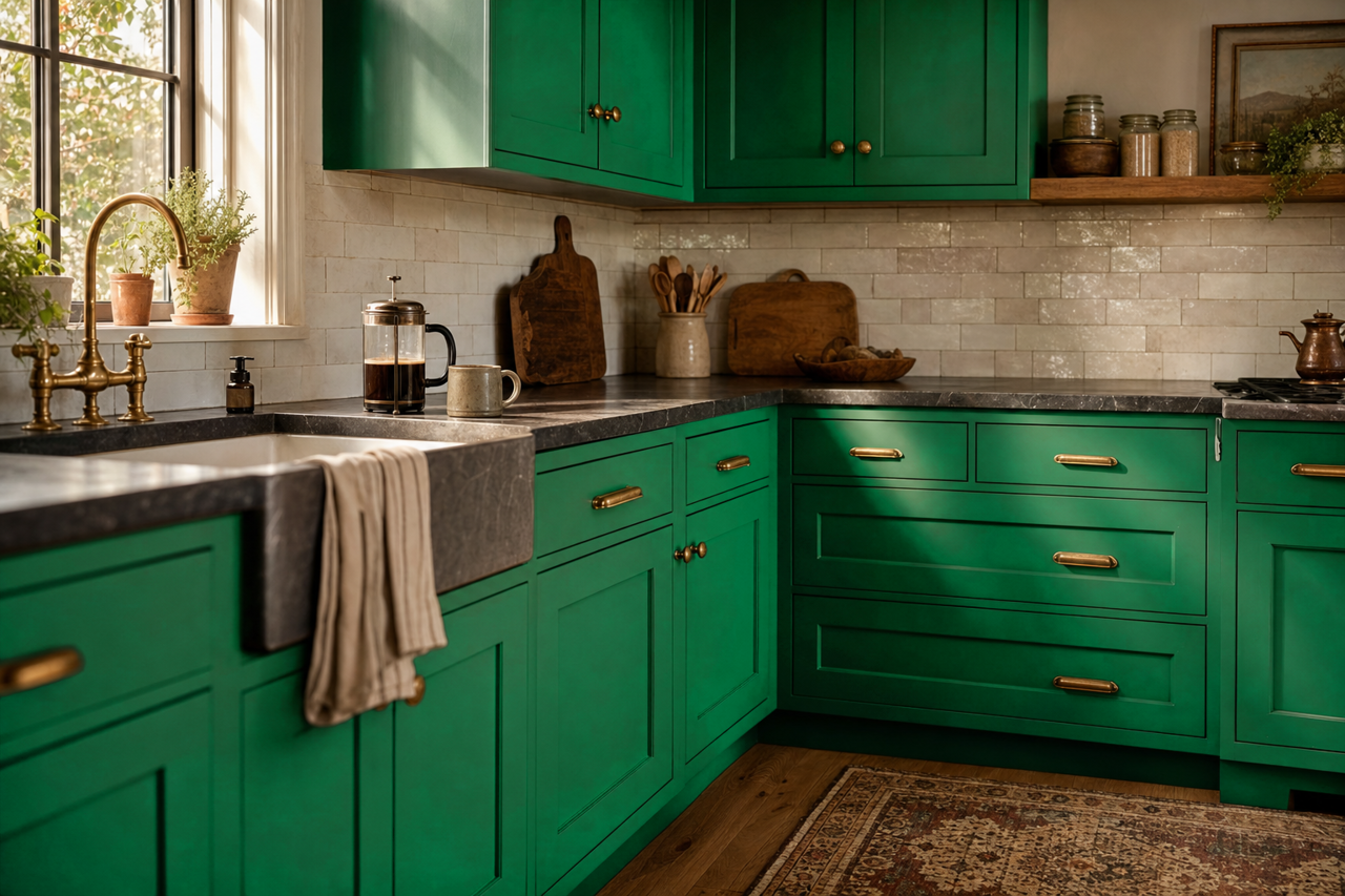 Jade by Benjamin Moore on cabinets