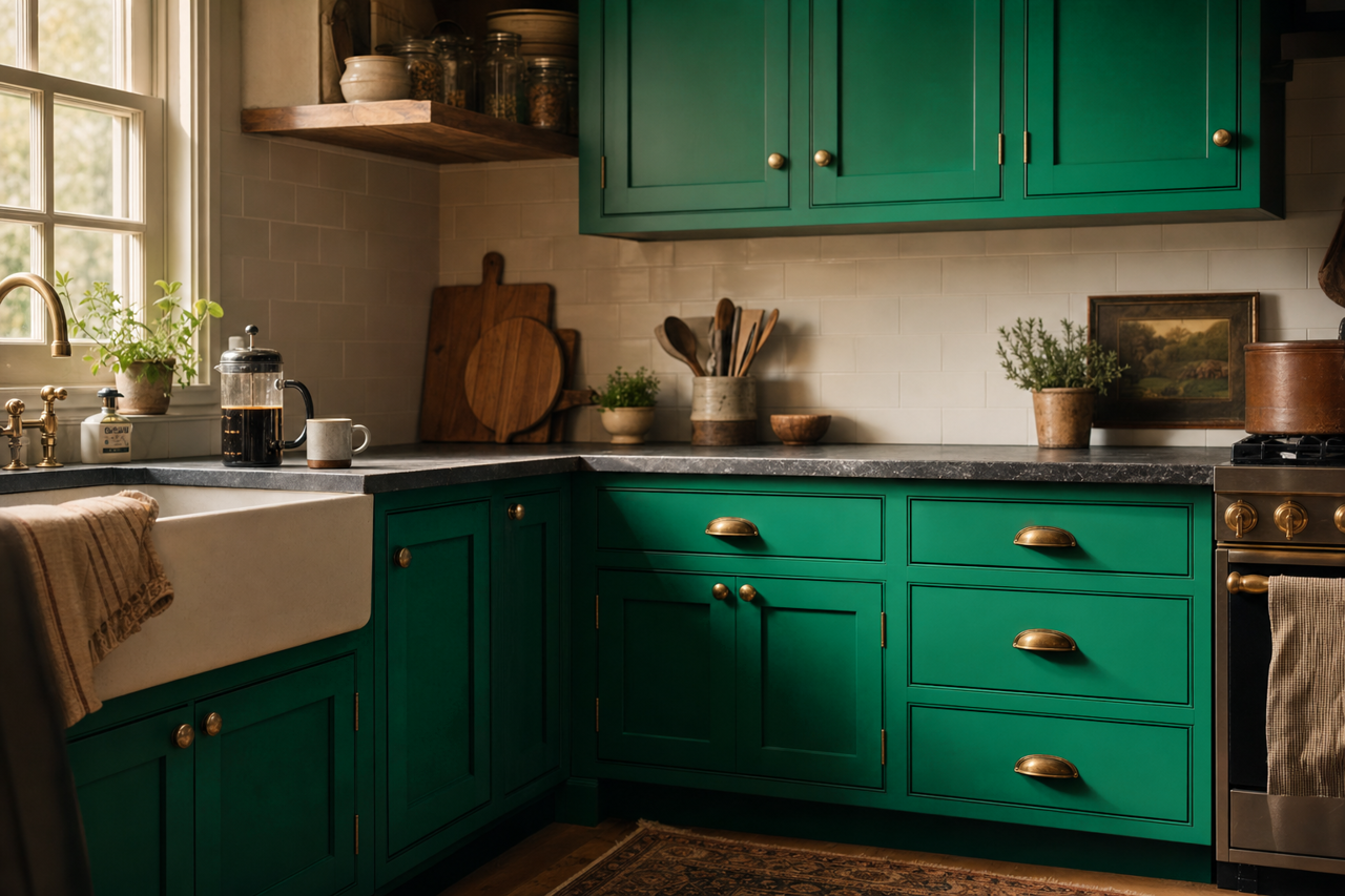 Emerald by Benjamin Moore on cabinets