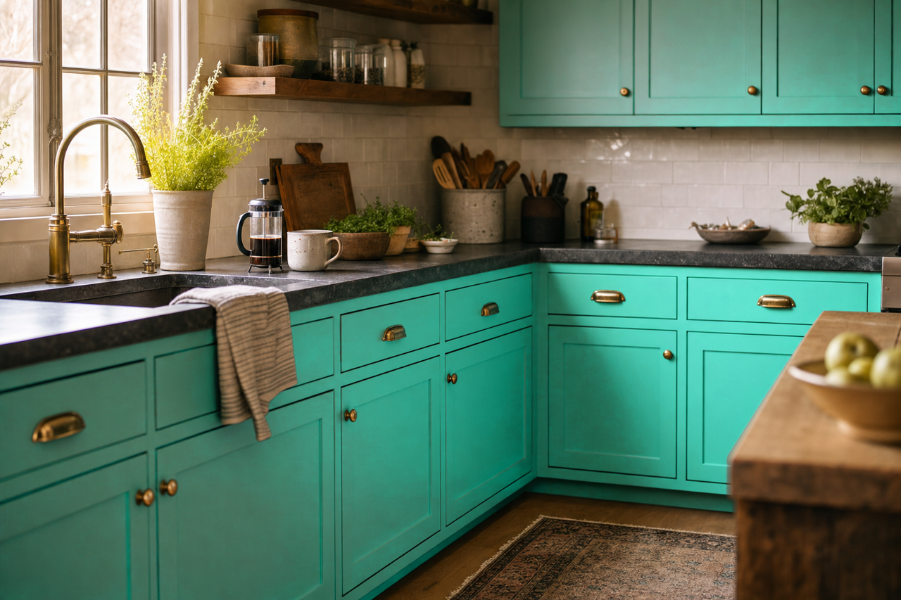 Teal by Benjamin Moore on cabinets