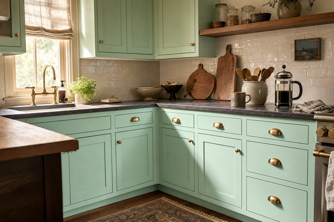 Seafoam by Benjamin Moore on cabinets
