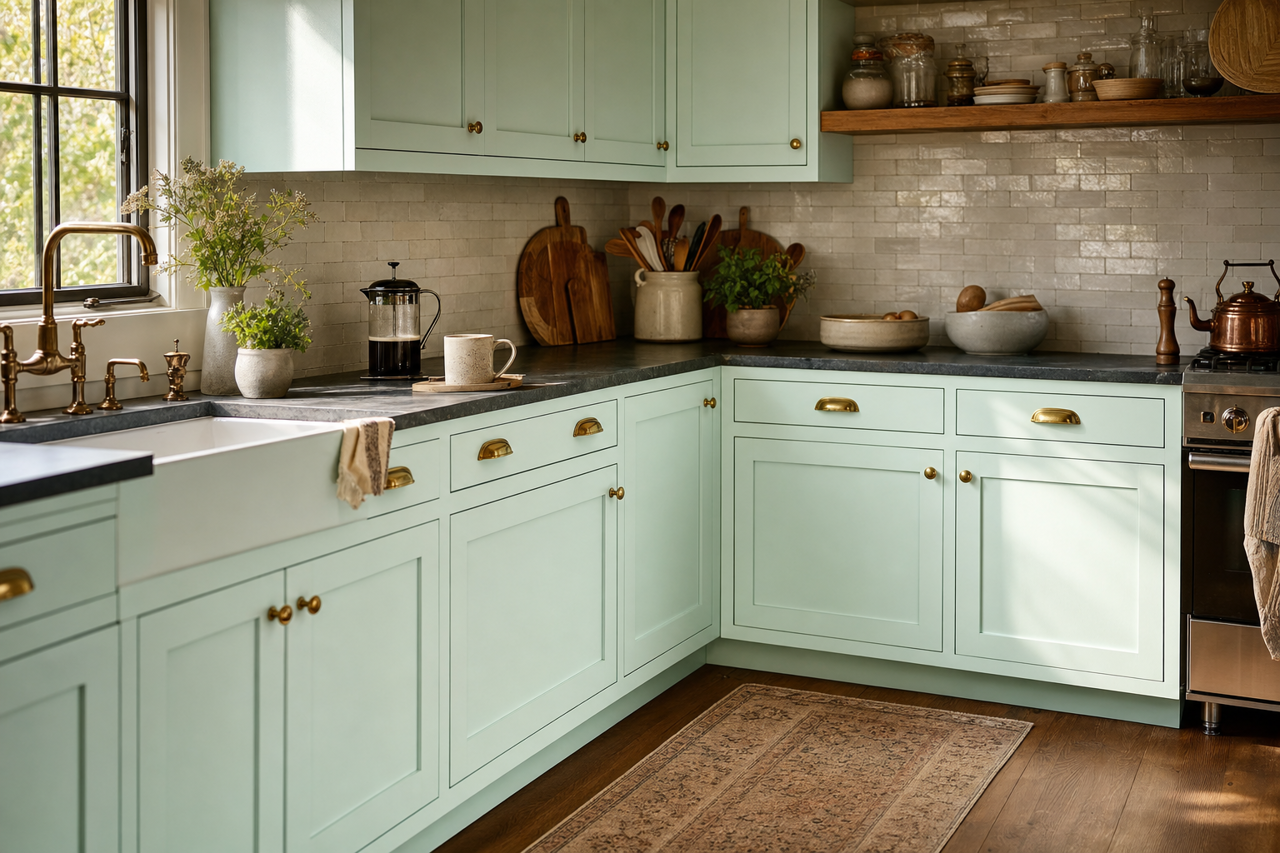 Minty by Benjamin Moore on cabinets