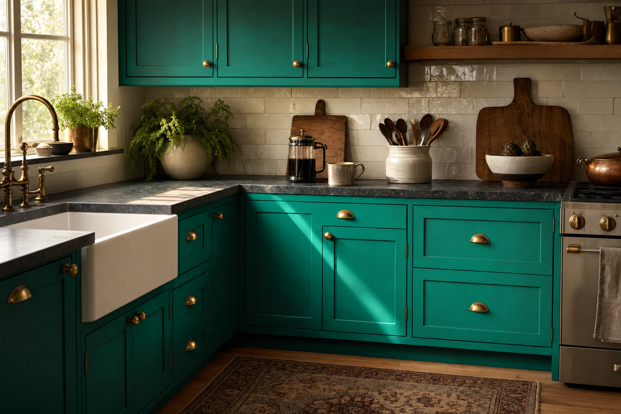 Kelp by Benjamin Moore on cabinets