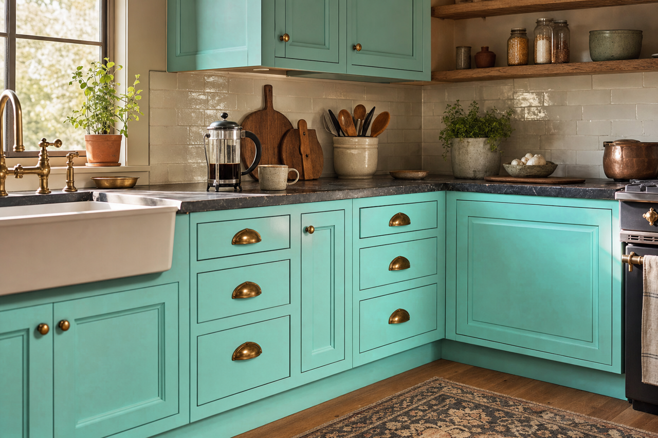 Bermuda by Benjamin Moore on cabinets