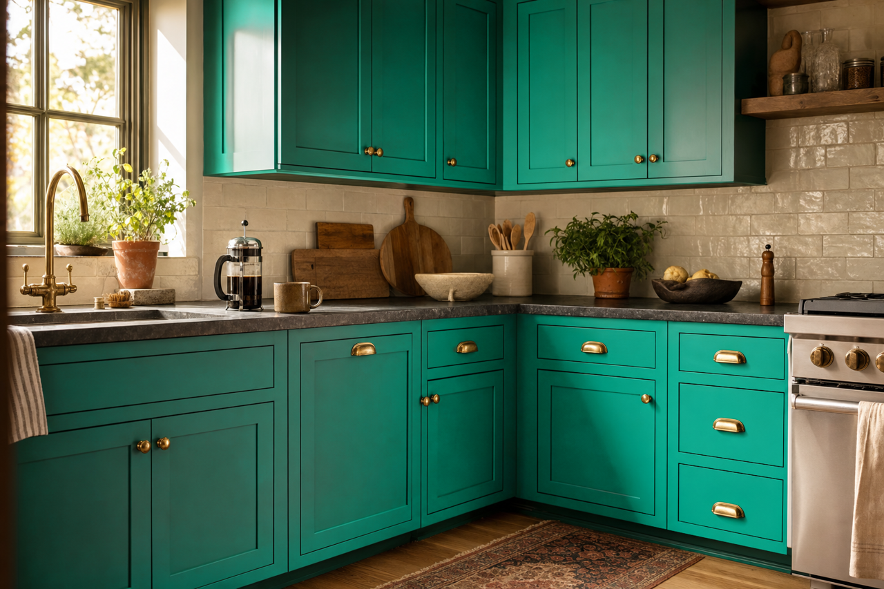 Green by Benjamin Moore on cabinets