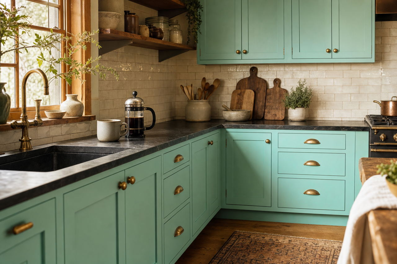 Green by Benjamin Moore on cabinets