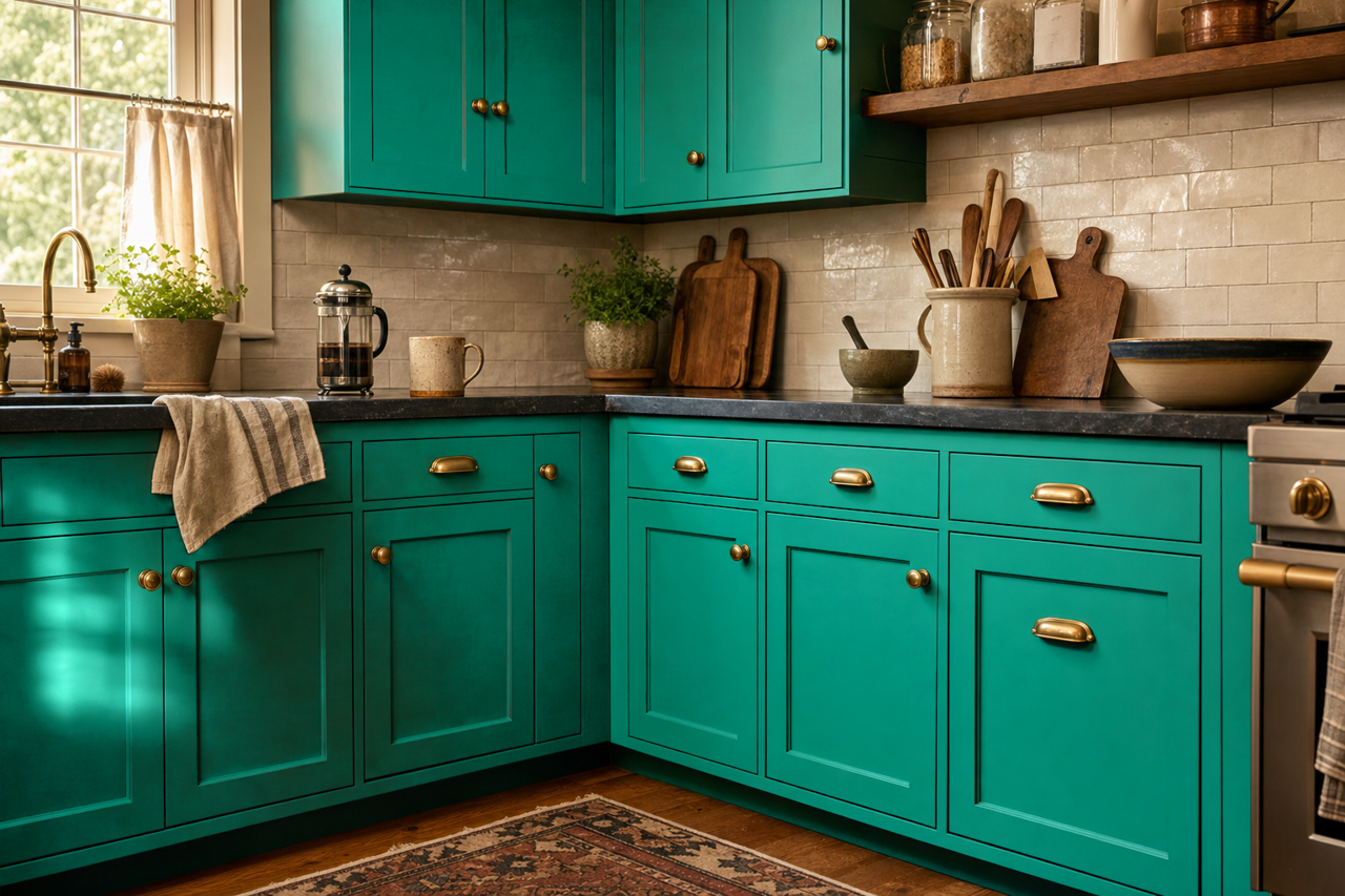 Cayman by Benjamin Moore on cabinets