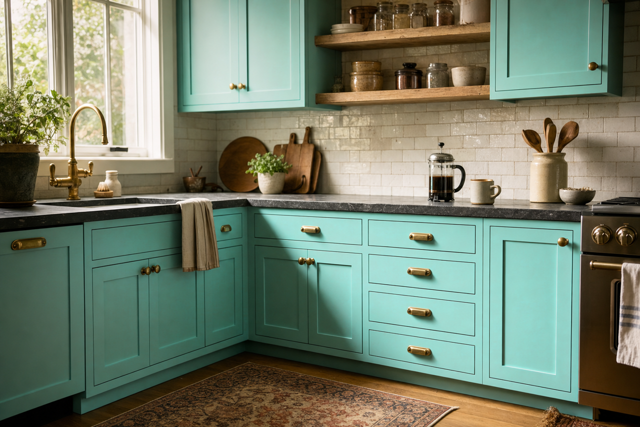 Scuba by Benjamin Moore on cabinets