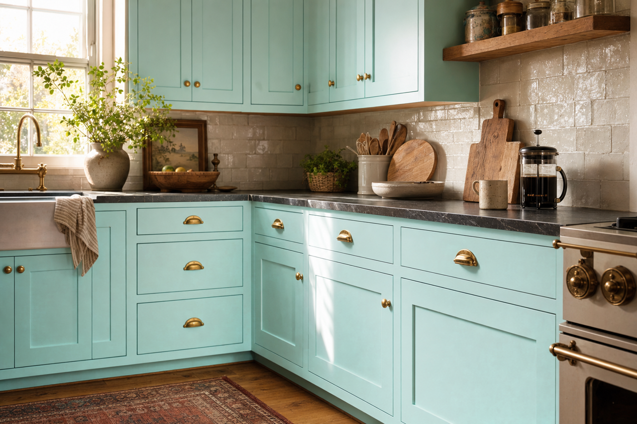 Misty by Benjamin Moore on cabinets