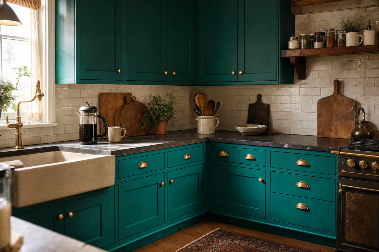 Juniper by Benjamin Moore on cabinets