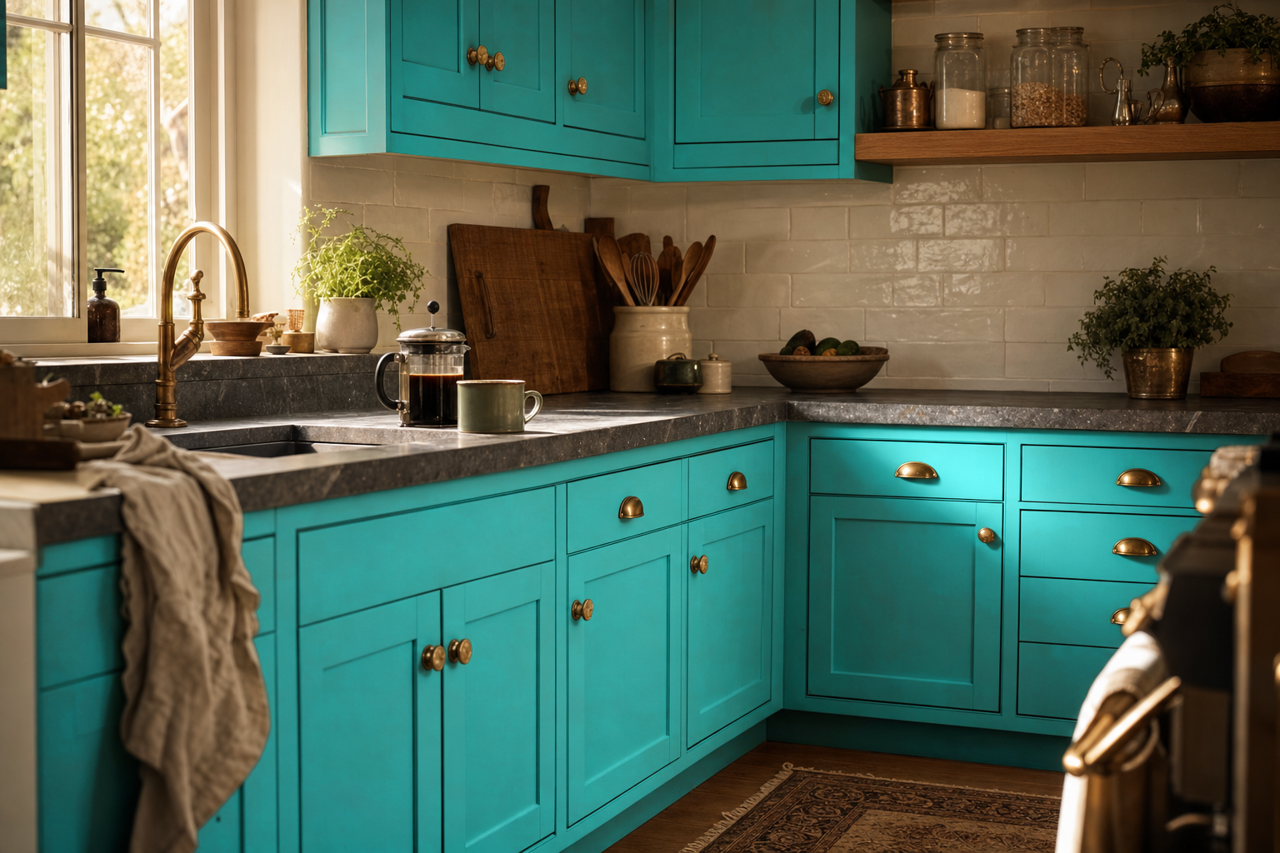 Poolside by Benjamin Moore on cabinets