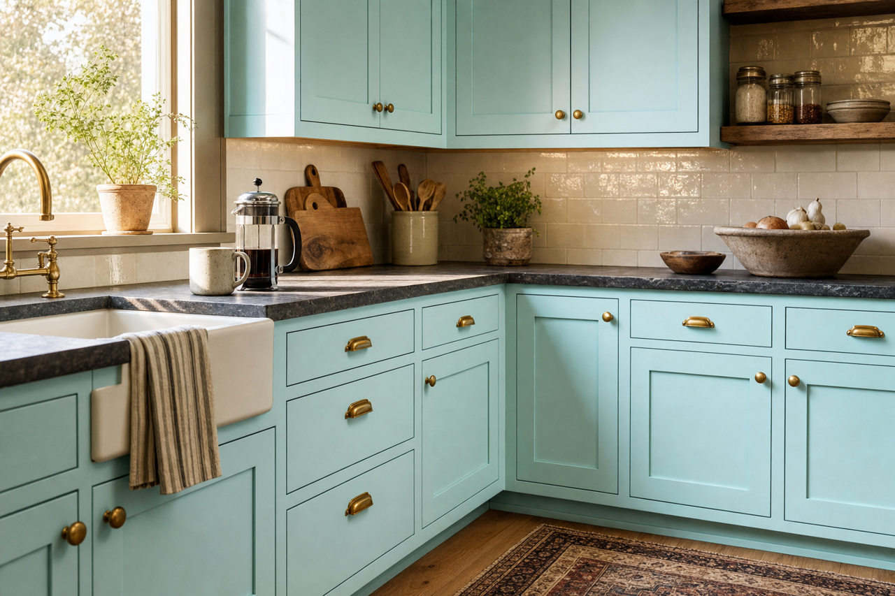 Jamaican by Benjamin Moore on cabinets